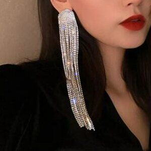 Silver Crystal Rhinestone Big Tassel Fashion Statement Earrings